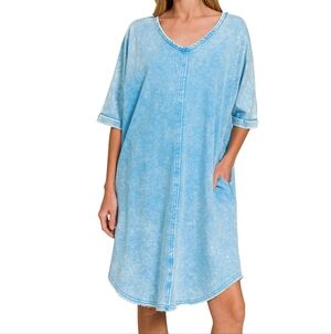 New Zenana Deep Sky Acid Washed French Terry Tee Dress